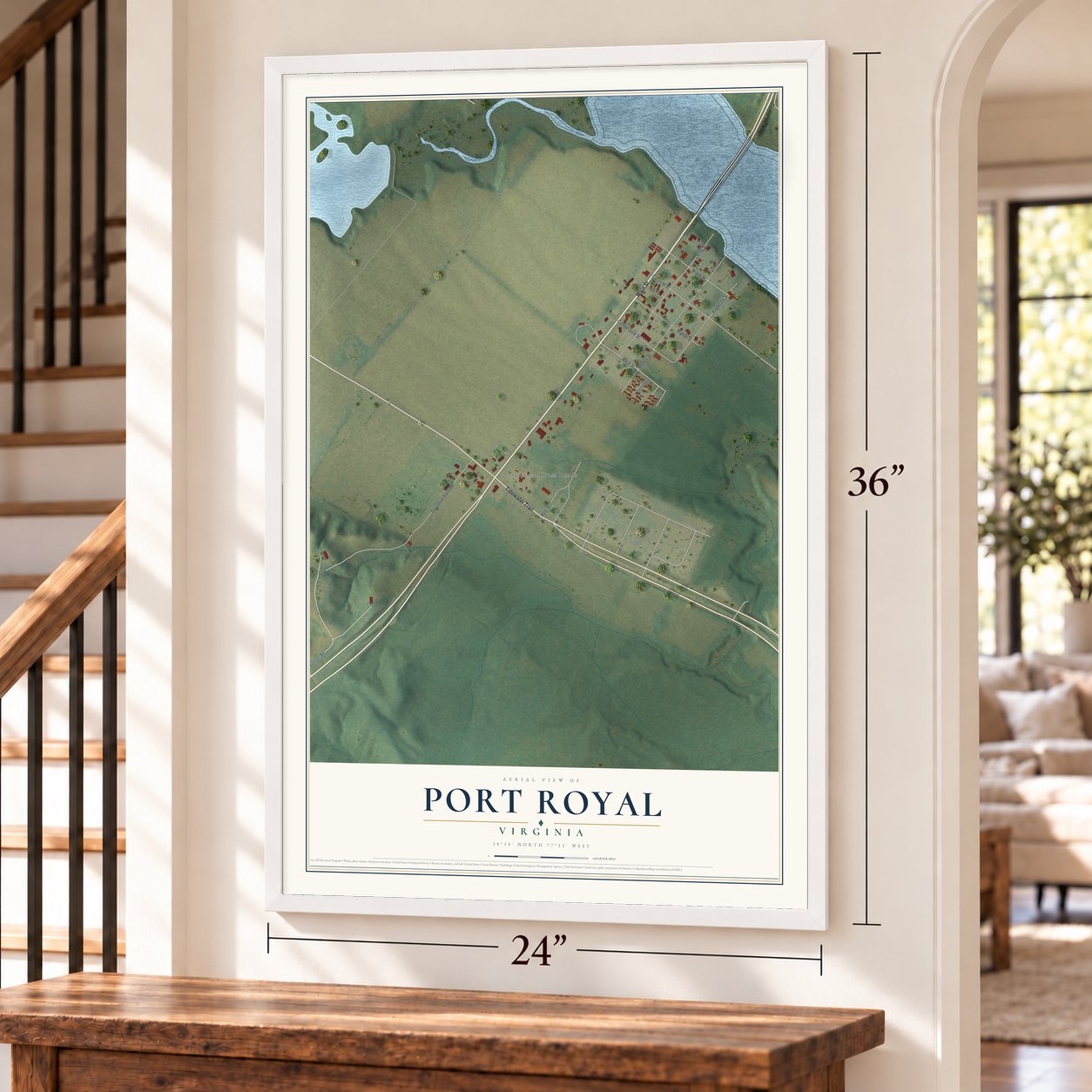 Port Royal, Virginia map, 24 x 36 inch print in a white frame by a staircase