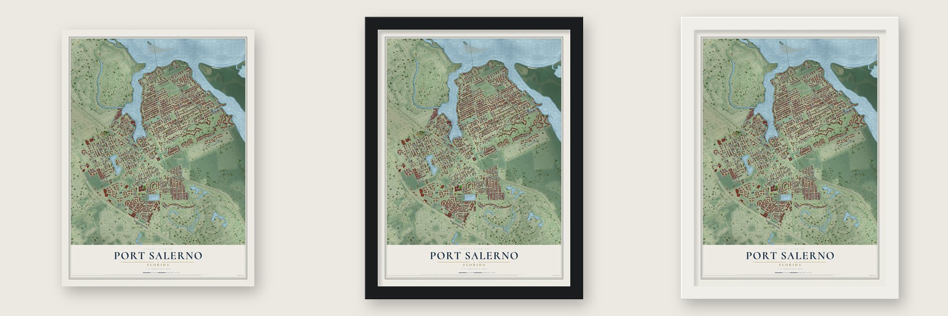 Port Salerno, Florida map unframed, in a black wood frame and in a white wood frame