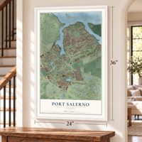 Port Salerno, Florida map, 24 x 36 inch print in a white frame by a staircase