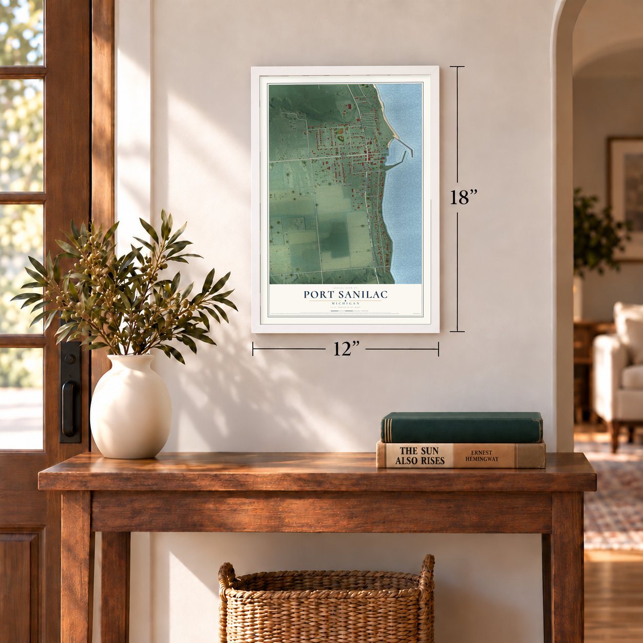 Port Sanilac, Michigan map, 12 x 18 inch print in a white frame in an entryway