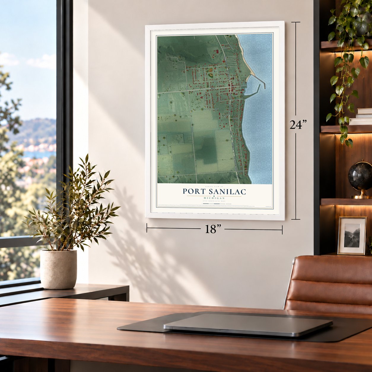 Port Sanilac, Michigan map, 18 x 24 inch print in a white frame in a home office