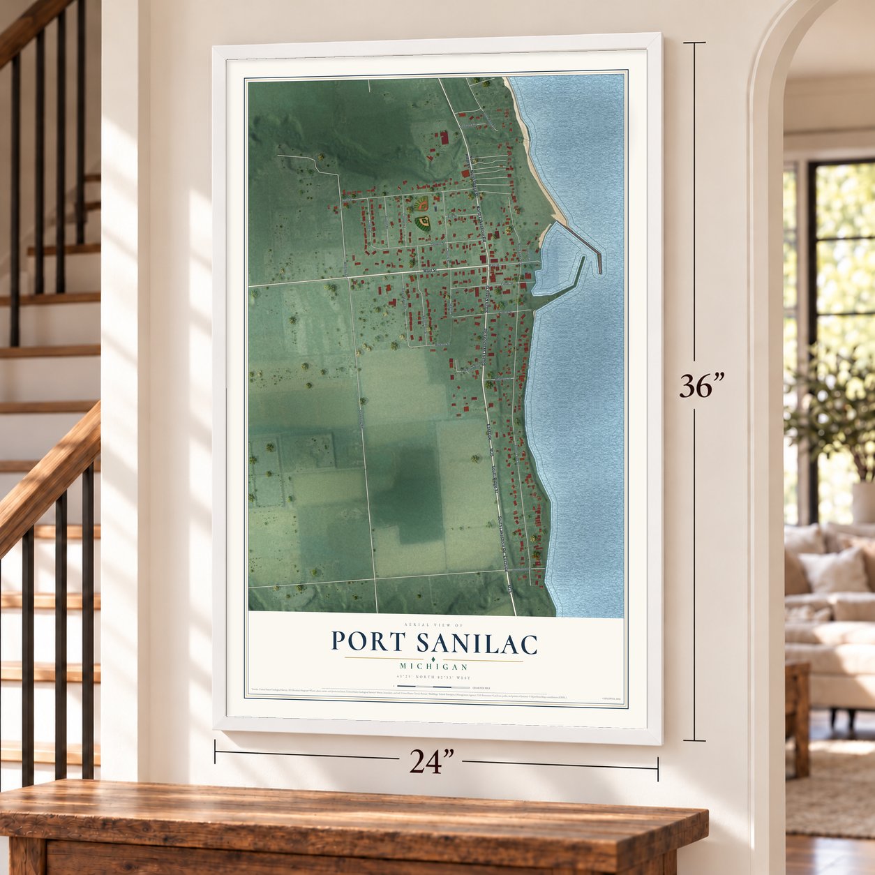Port Sanilac, Michigan map, 24 x 36 inch print in a white frame by a staircase