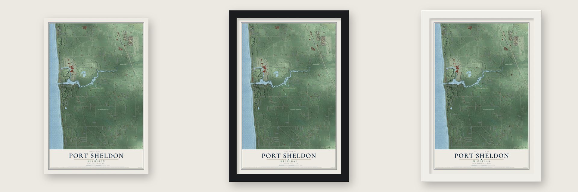 Port Sheldon, Michigan map unframed, in a black wood frame and in a white wood frame