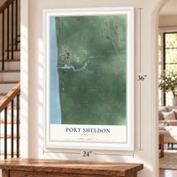 Port Sheldon, Michigan map, 24 x 36 inch print in a white frame by a staircase