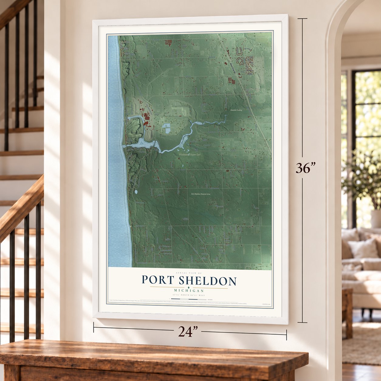 Port Sheldon, Michigan map, 24 x 36 inch print in a white frame by a staircase
