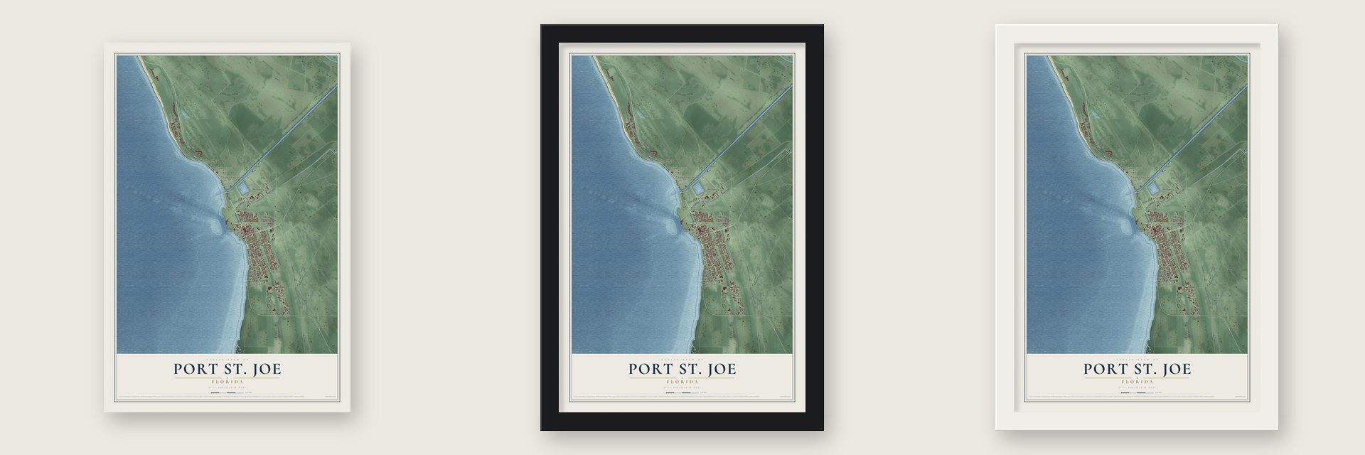 Port St. Joe, Florida map unframed, in a black wood frame and in a white wood frame