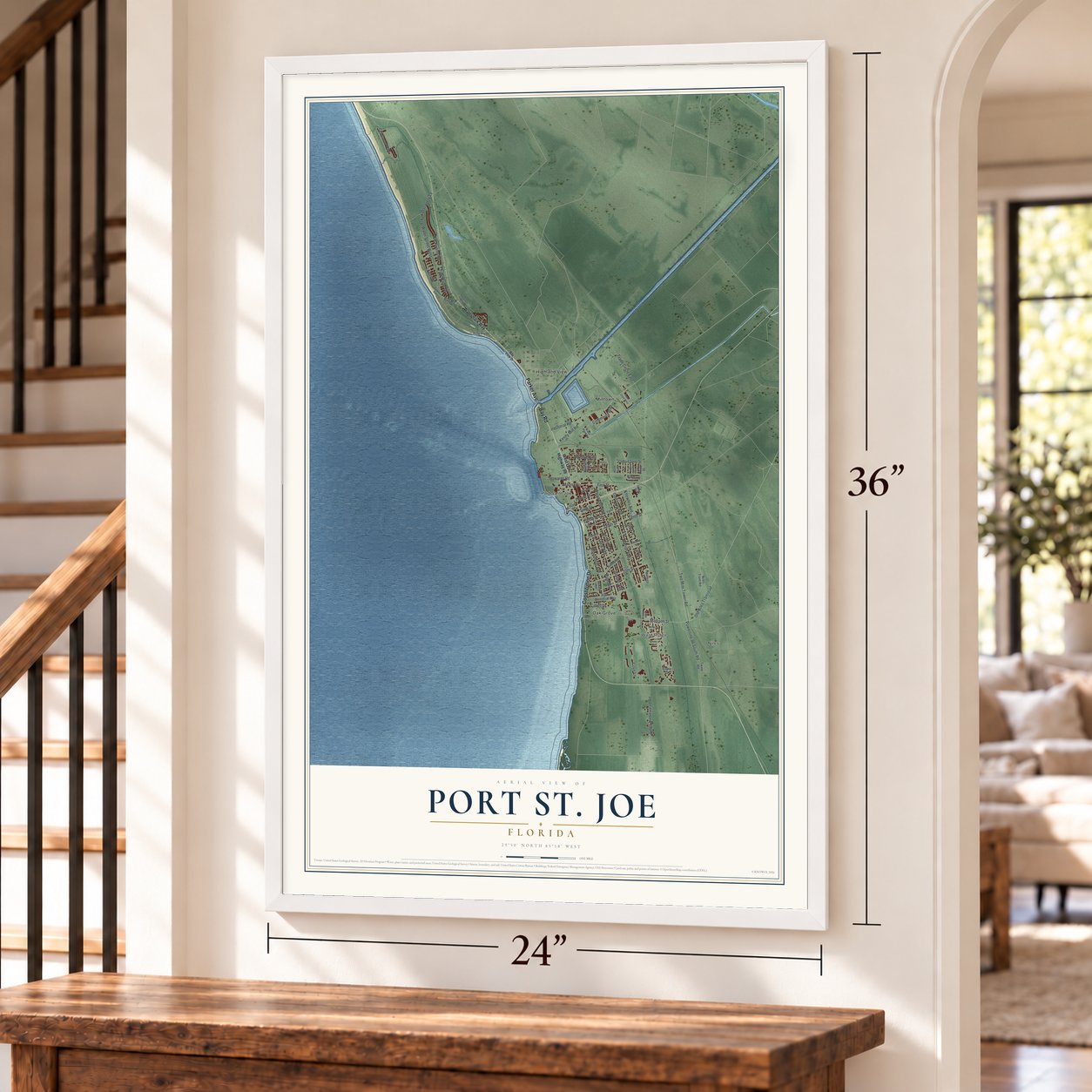 Port St. Joe, Florida map, 24 x 36 inch print in a white frame by a staircase