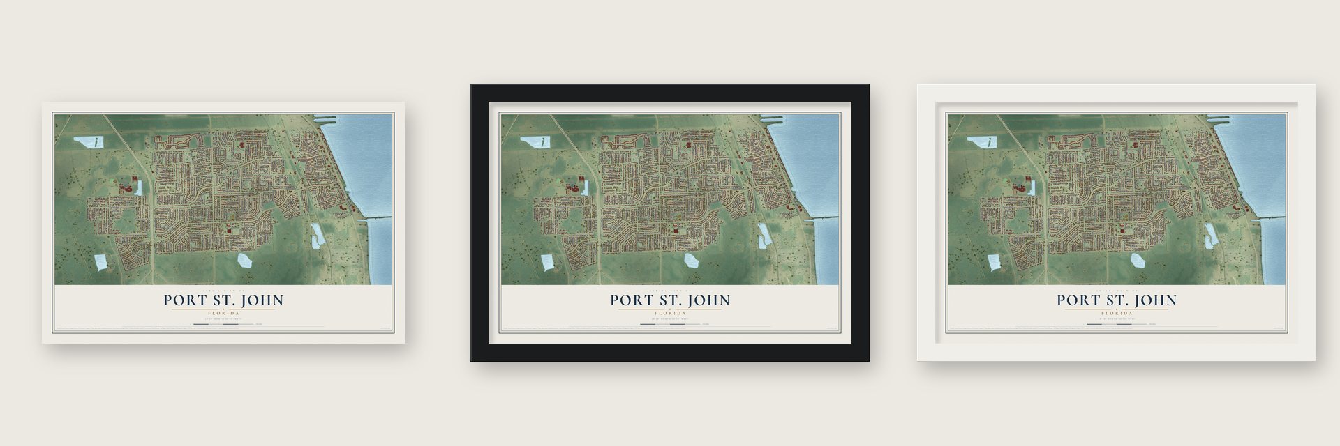 Port St. John, Florida map unframed, in a black wood frame and in a white wood frame