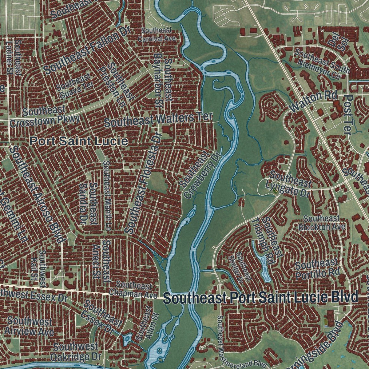 Second close-up of the map of Port St. Lucie, Florida print showing more streets and buildings