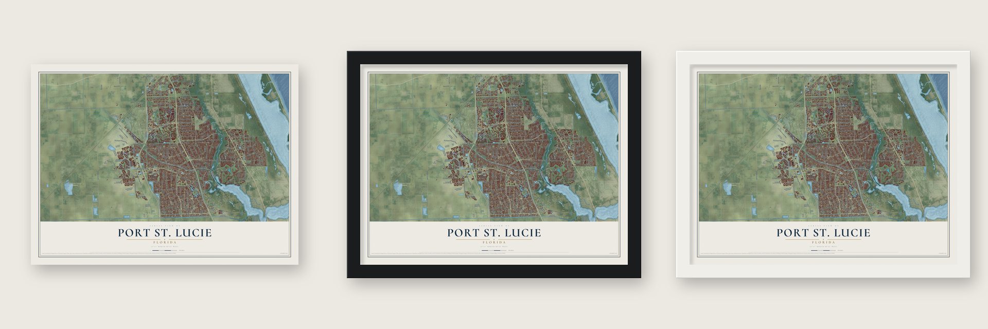 Port St. Lucie, Florida map unframed, in a black wood frame and in a white wood frame