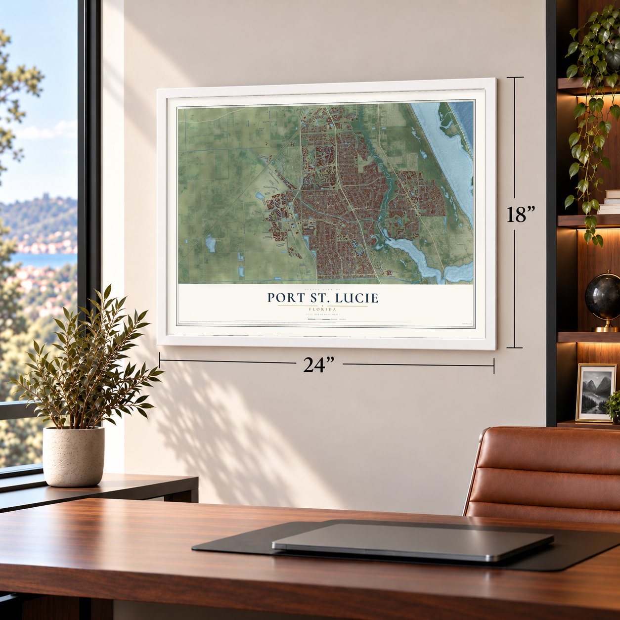 Port St. Lucie, Florida map, 18 x 24 inch print in a white frame in a home office
