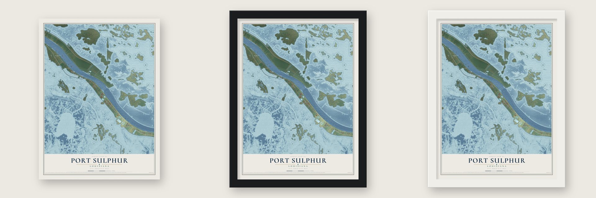 Port Sulphur, Louisiana map unframed, in a black wood frame and in a white wood frame