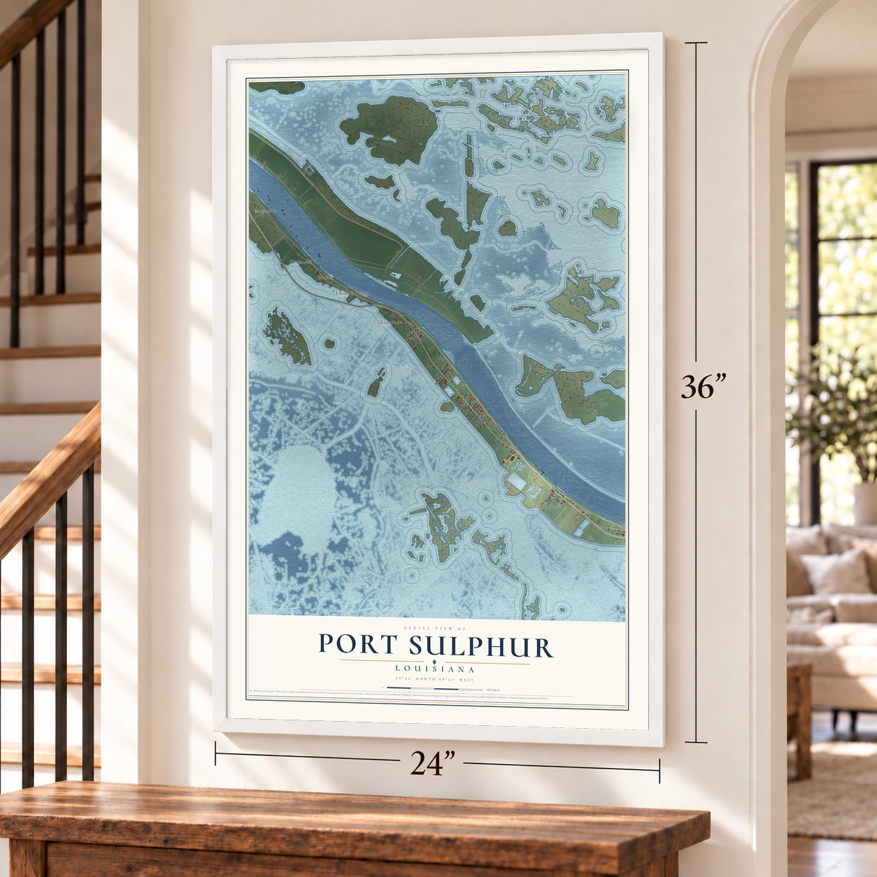Port Sulphur, Louisiana map, 24 x 36 inch print in a white frame by a staircase