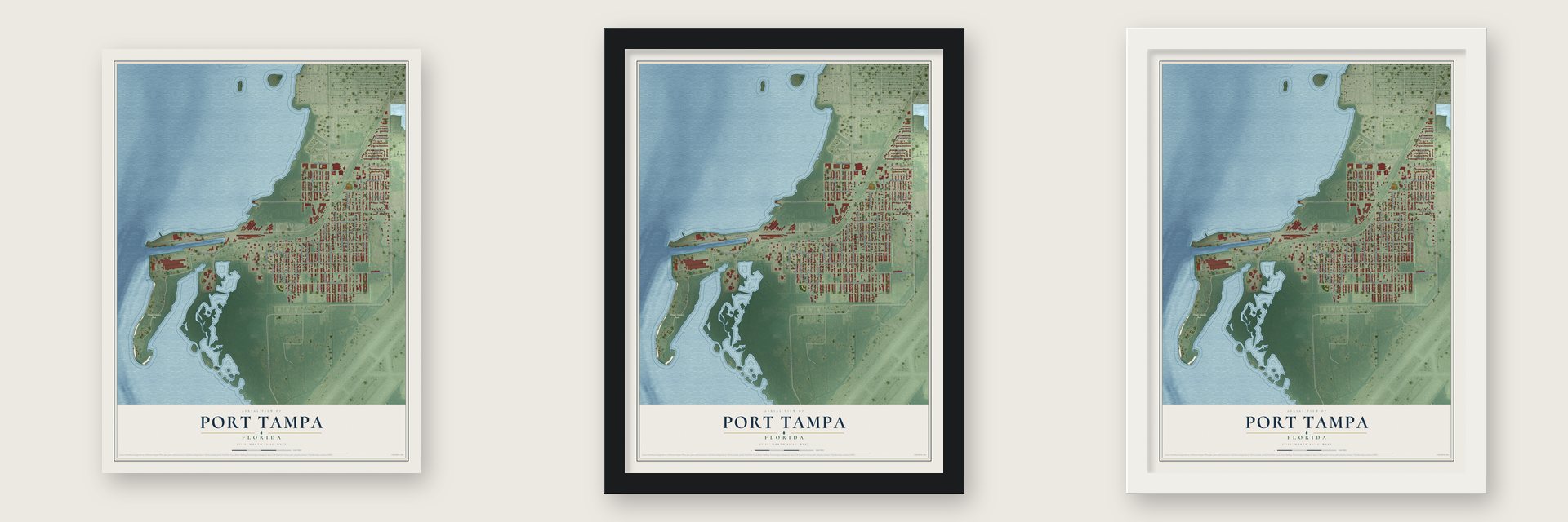 Port Tampa, Florida map unframed, in a black wood frame and in a white wood frame