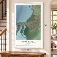 Port Tampa, Florida map, 24 x 36 inch print in a white frame by a staircase