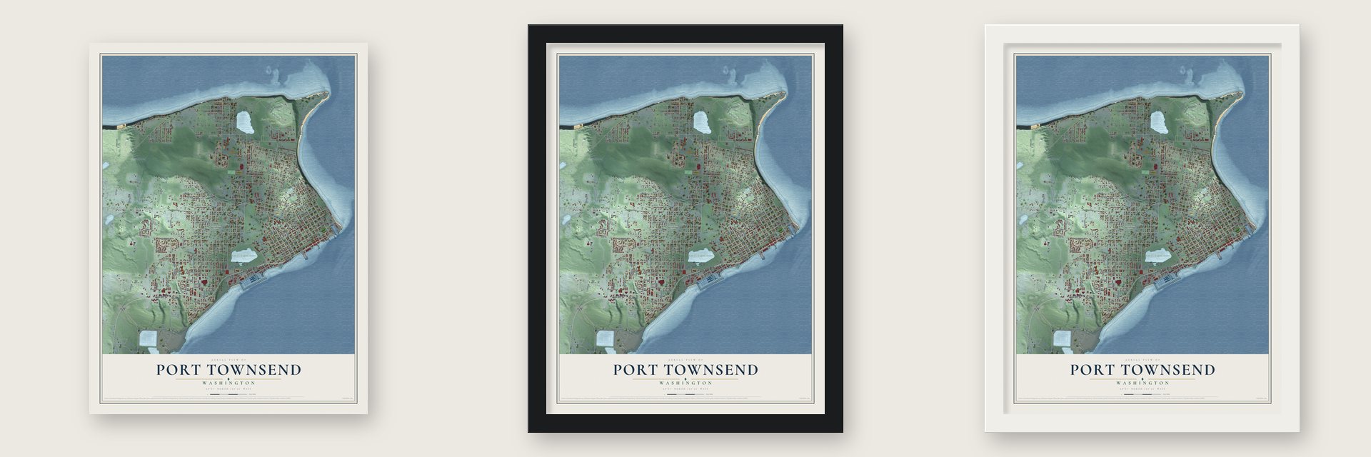 Port Townsend, Washington map unframed, in a black wood frame and in a white wood frame