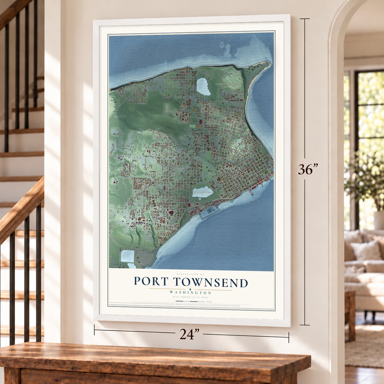 Port Townsend, Washington map, 24 x 36 inch print in a white frame by a staircase