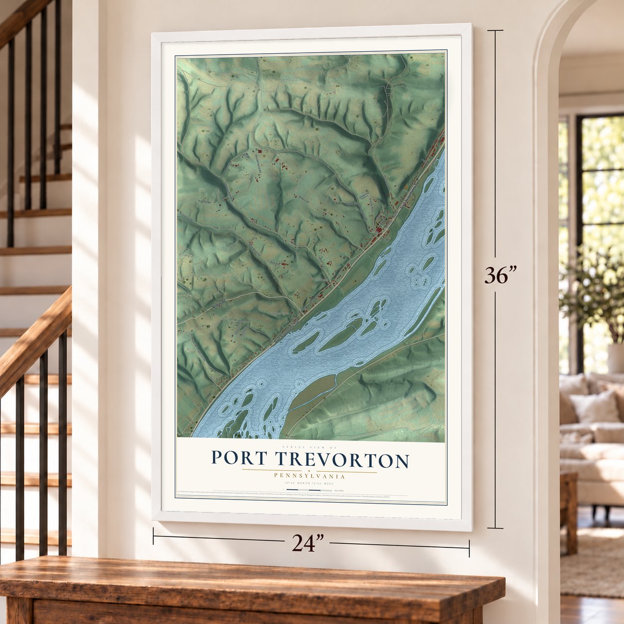 Port Trevorton, Pennsylvania map, 24 x 36 inch print in a white frame by a staircase