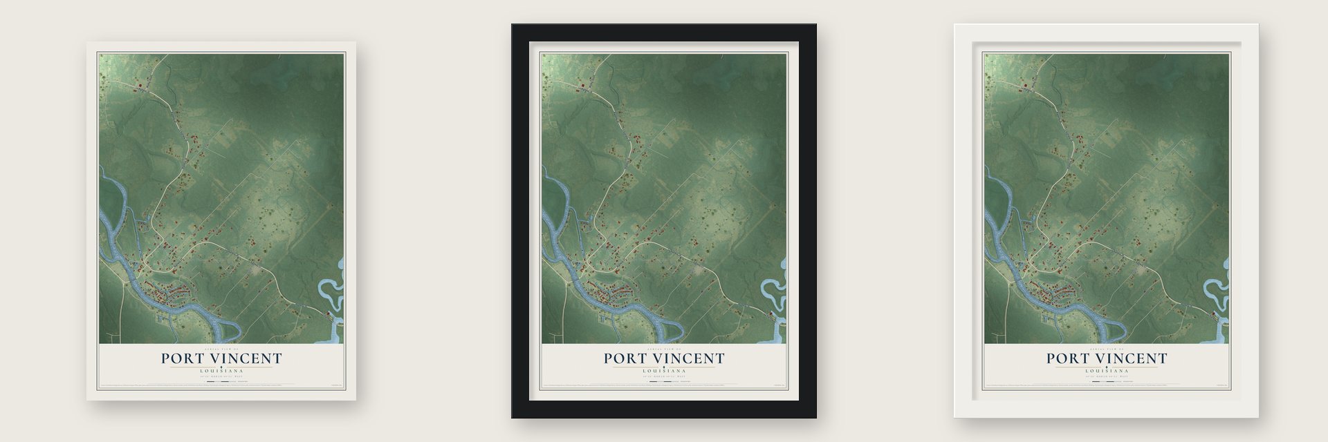 Port Vincent, Louisiana map unframed, in a black wood frame and in a white wood frame