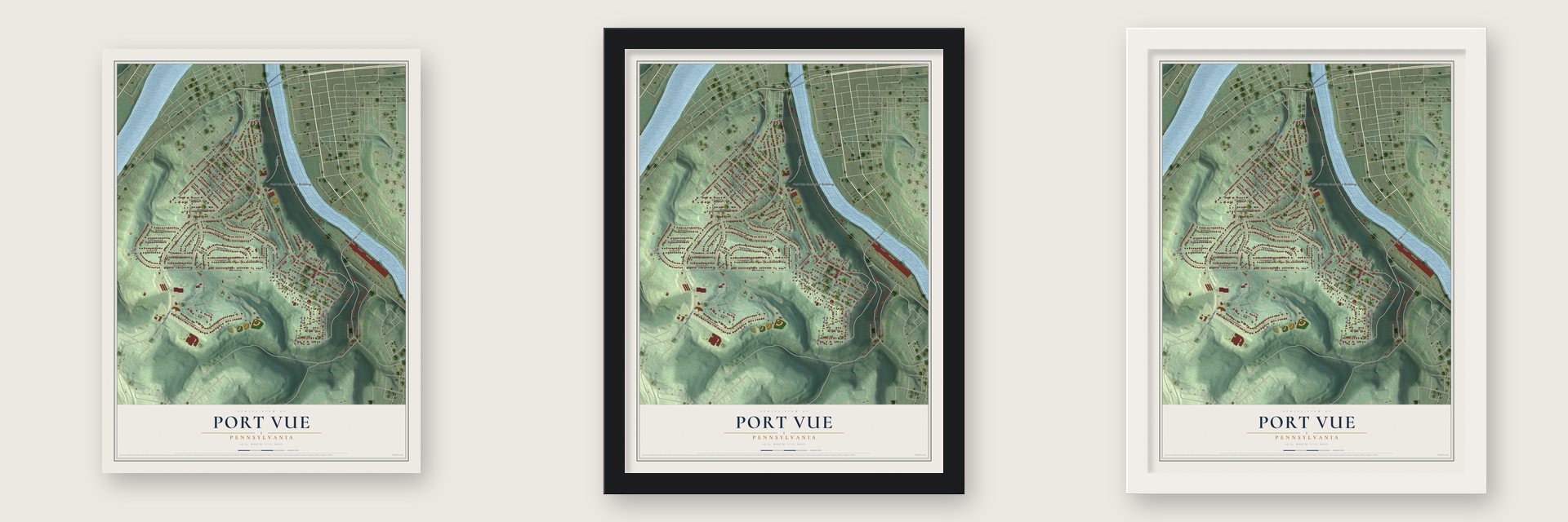 Port Vue, Pennsylvania map unframed, in a black wood frame and in a white wood frame