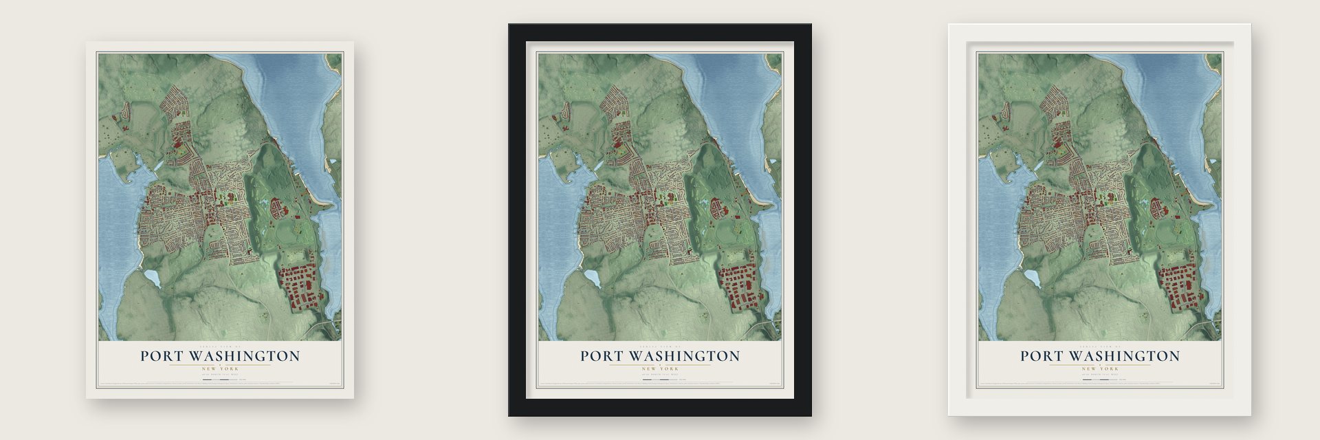 Port Washington, New York map unframed, in a black wood frame and in a white wood frame