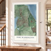 Port Washington, New York map, 24 x 36 inch print in a white frame by a staircase