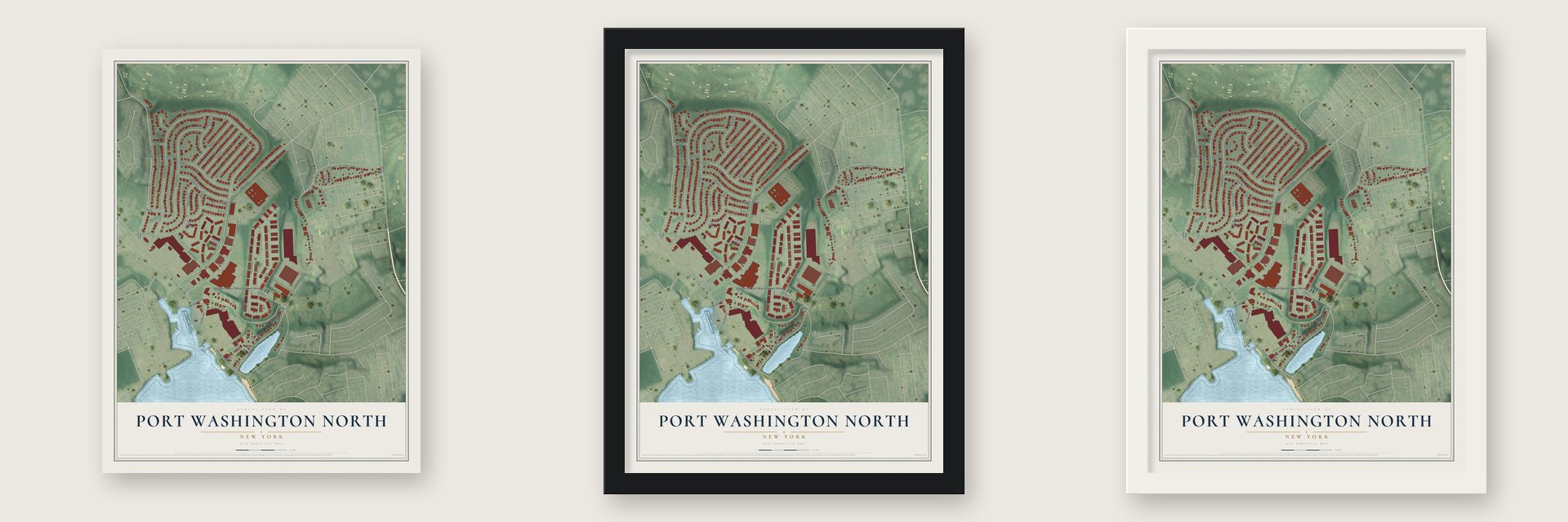 Port Washington North, New York map unframed, in a black wood frame and in a white wood frame