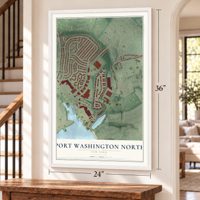 Port Washington North, New York map, 24 x 36 inch print in a white frame by a staircase
