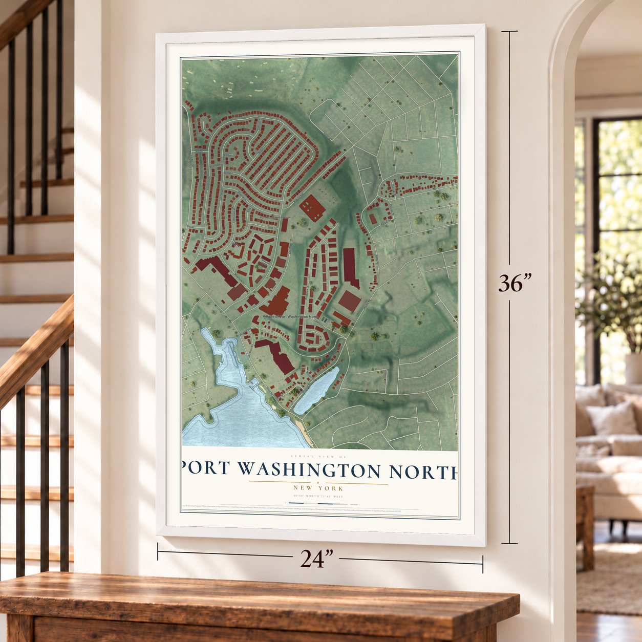 Port Washington North, New York map, 24 x 36 inch print in a white frame by a staircase