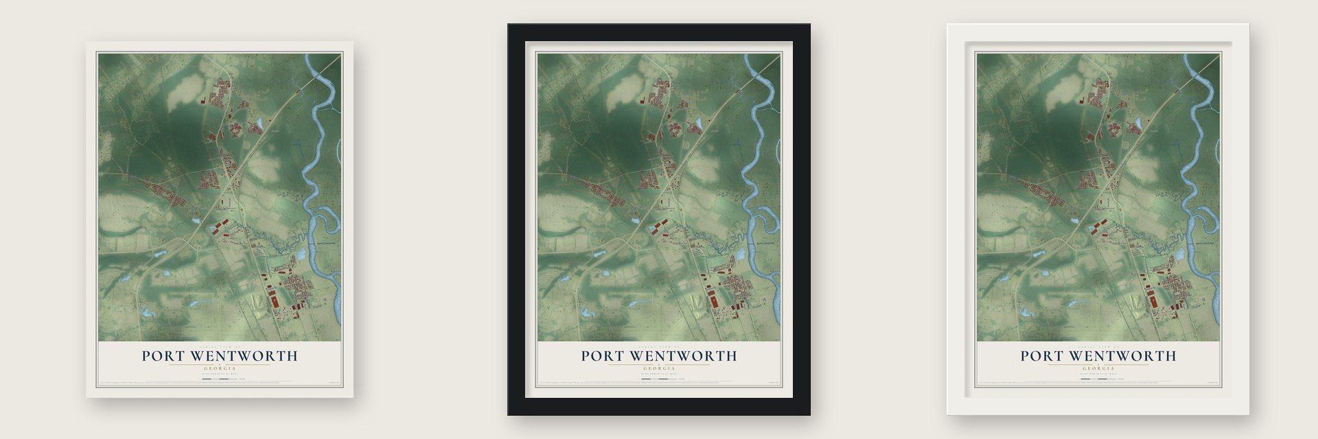 Port Wentworth, Georgia map unframed, in a black wood frame and in a white wood frame