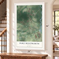 Port Wentworth, Georgia map, 24 x 36 inch print in a white frame by a staircase