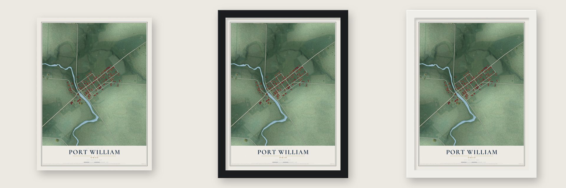 Port William, Ohio map unframed, in a black wood frame and in a white wood frame