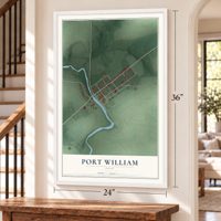 Port William, Ohio map, 24 x 36 inch print in a white frame by a staircase