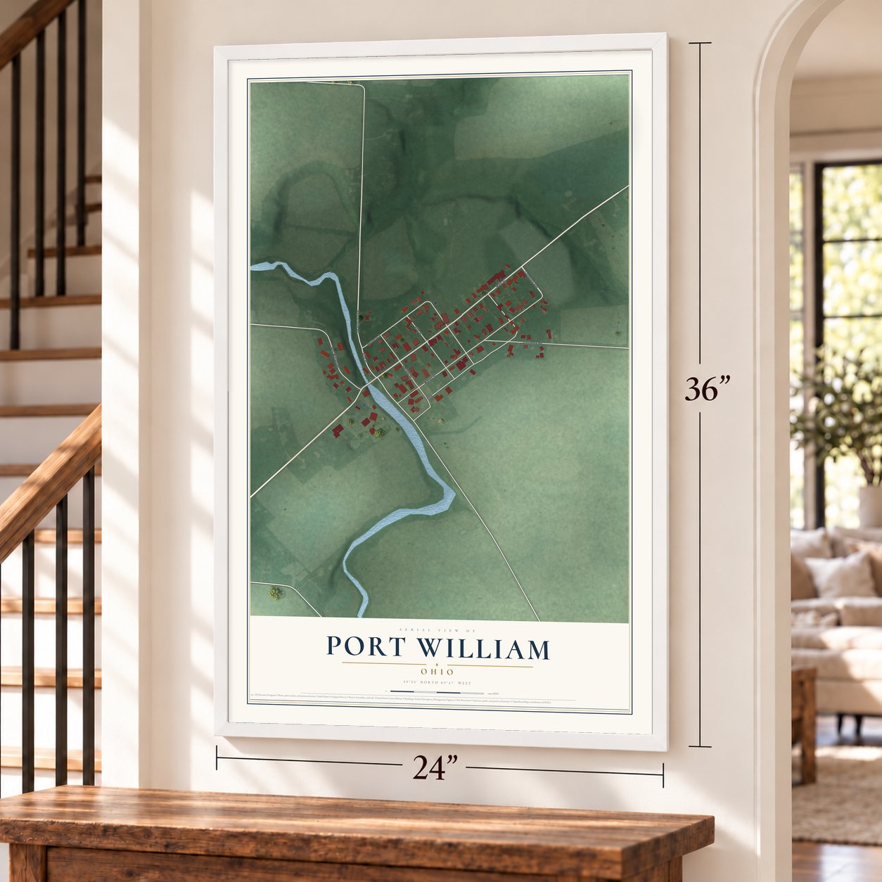 Port William, Ohio map, 24 x 36 inch print in a white frame by a staircase
