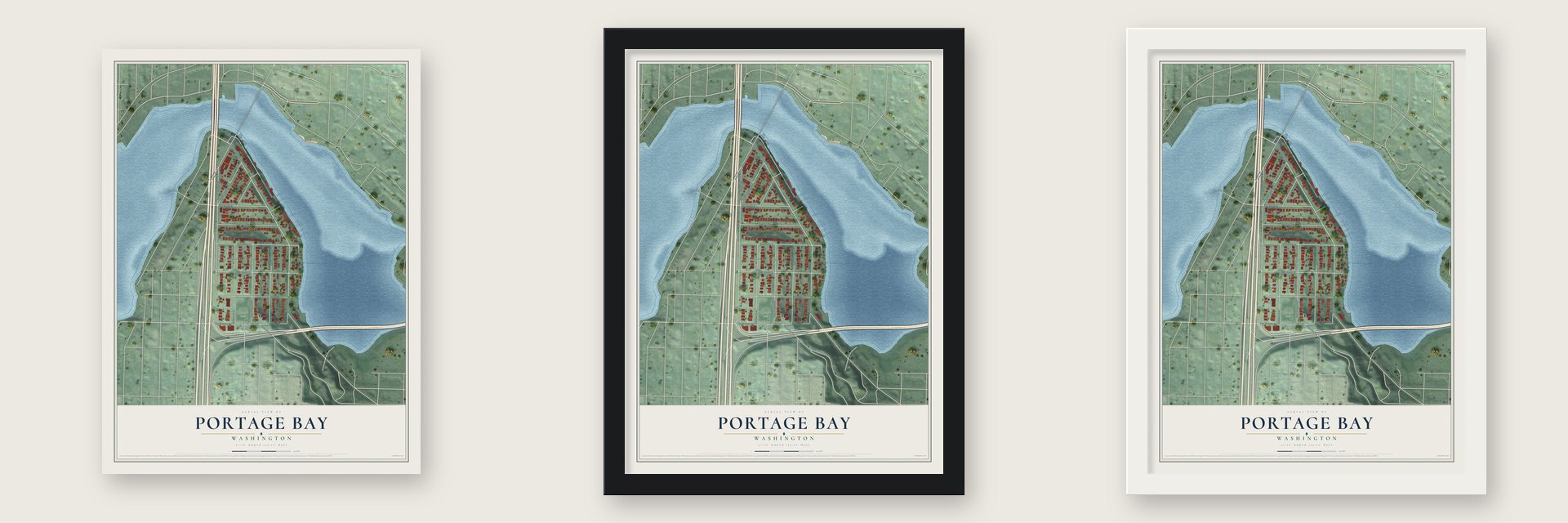 Portage Bay, Washington map unframed, in a black wood frame and in a white wood frame
