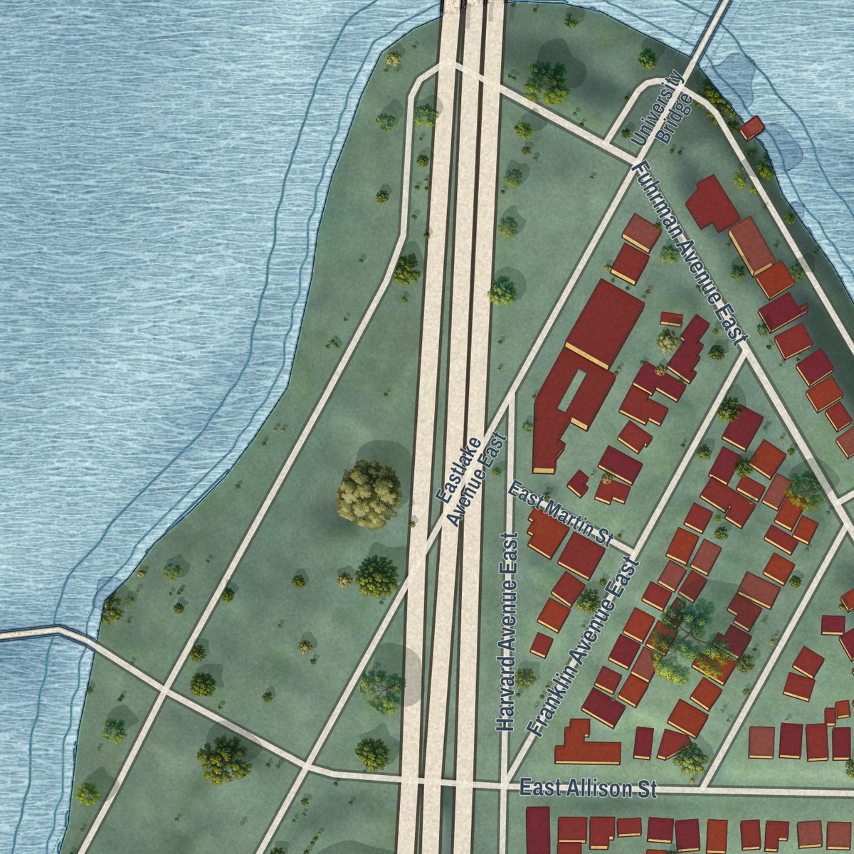Second close-up of the map of Portage Bay, Washington print showing more streets and buildings