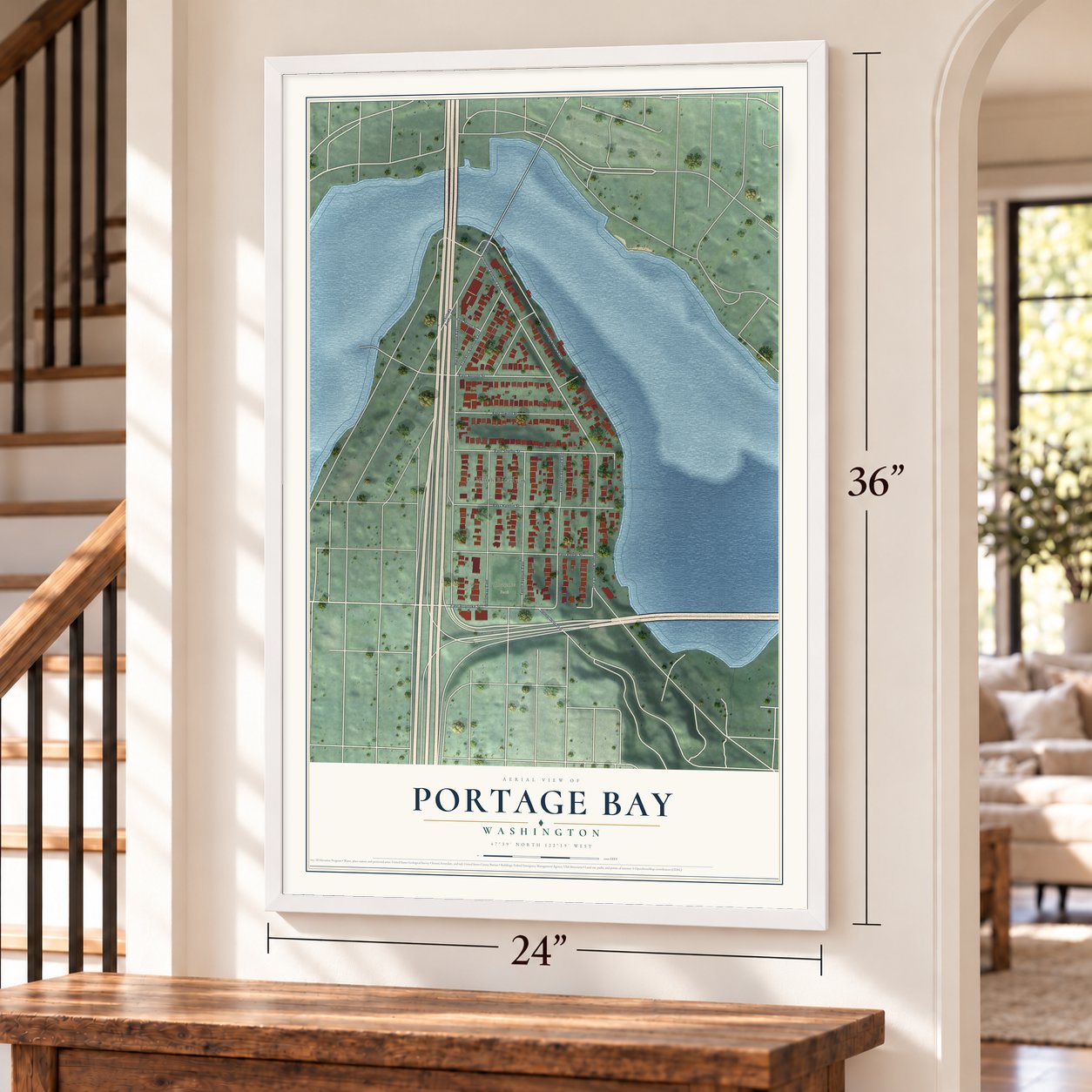 Portage Bay, Washington map, 24 x 36 inch print in a white frame by a staircase