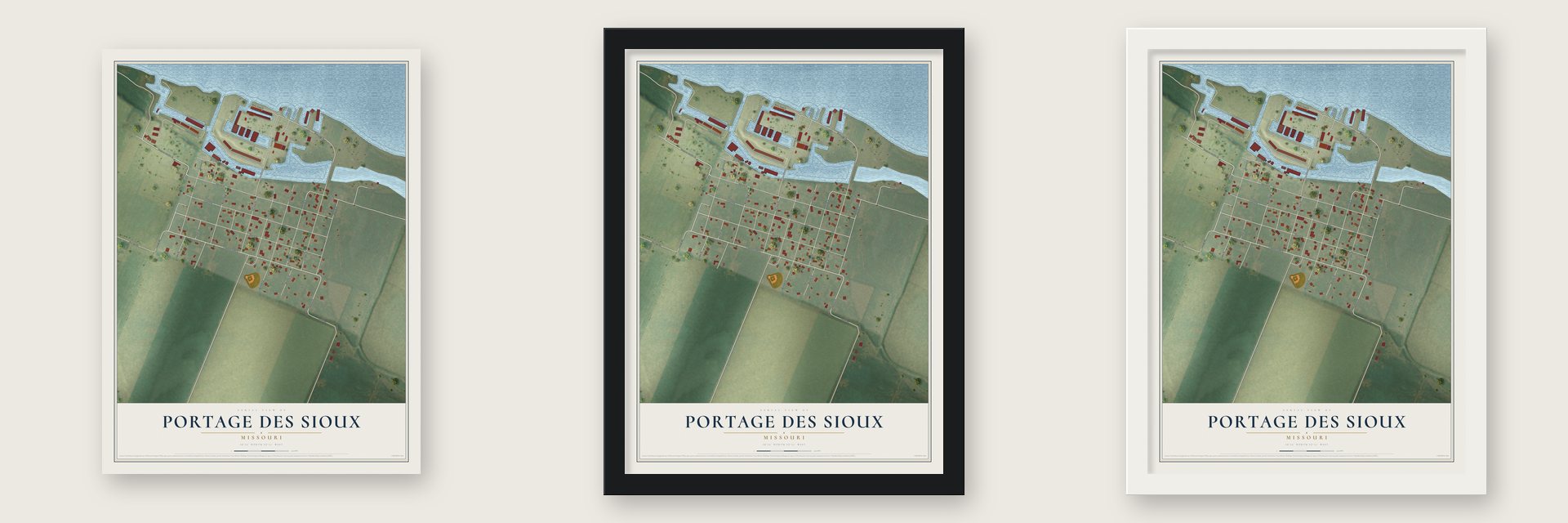 Portage Des Sioux, Missouri map unframed, in a black wood frame and in a white wood frame