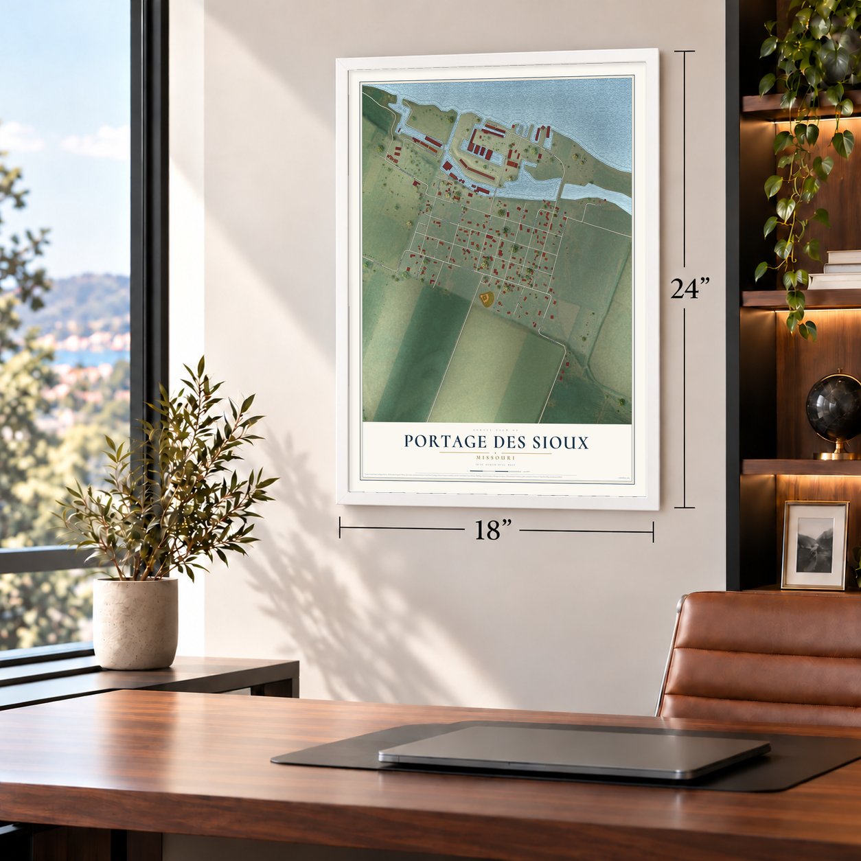 Portage Des Sioux, Missouri map, 18 x 24 inch print in a white frame in a home office