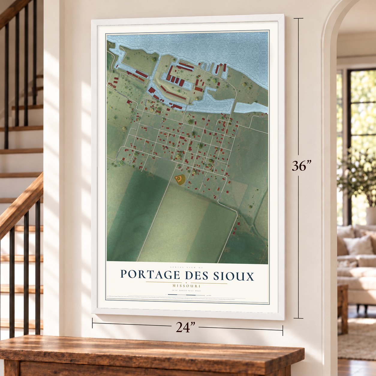 Portage Des Sioux, Missouri map, 24 x 36 inch print in a white frame by a staircase