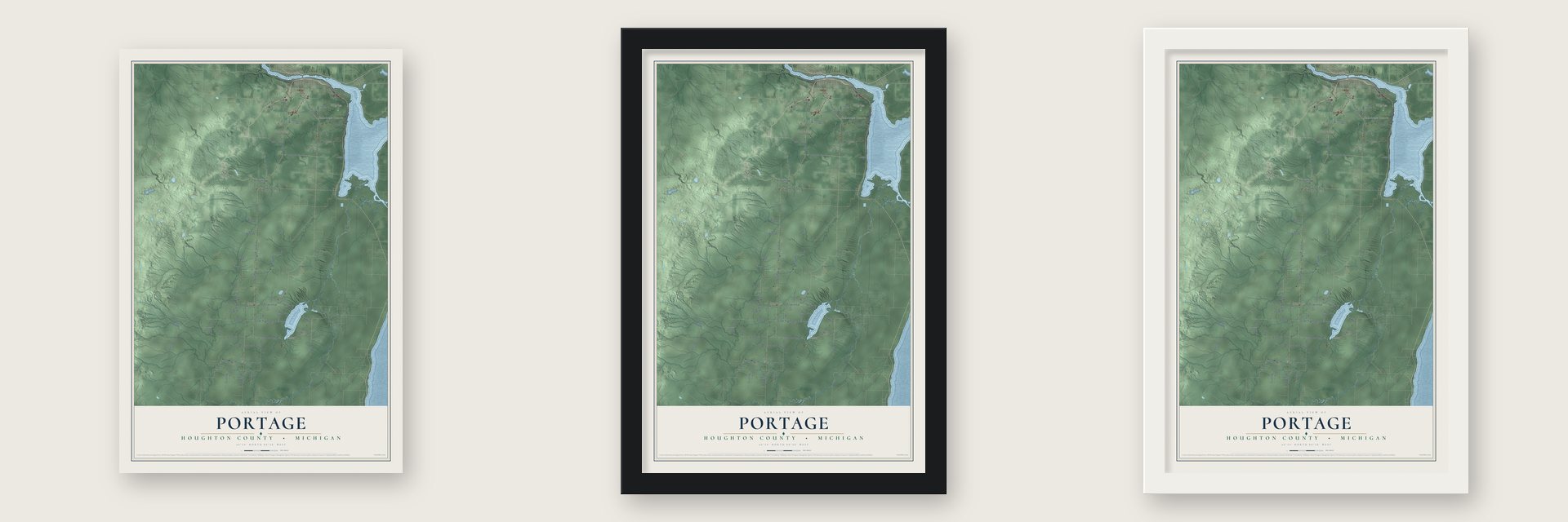 Portage, Houghton County, Michigan map unframed, in a black wood frame and in a white wood frame