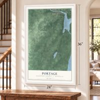 Portage, Houghton County, Michigan map, 24 x 36 inch print in a white frame by a staircase