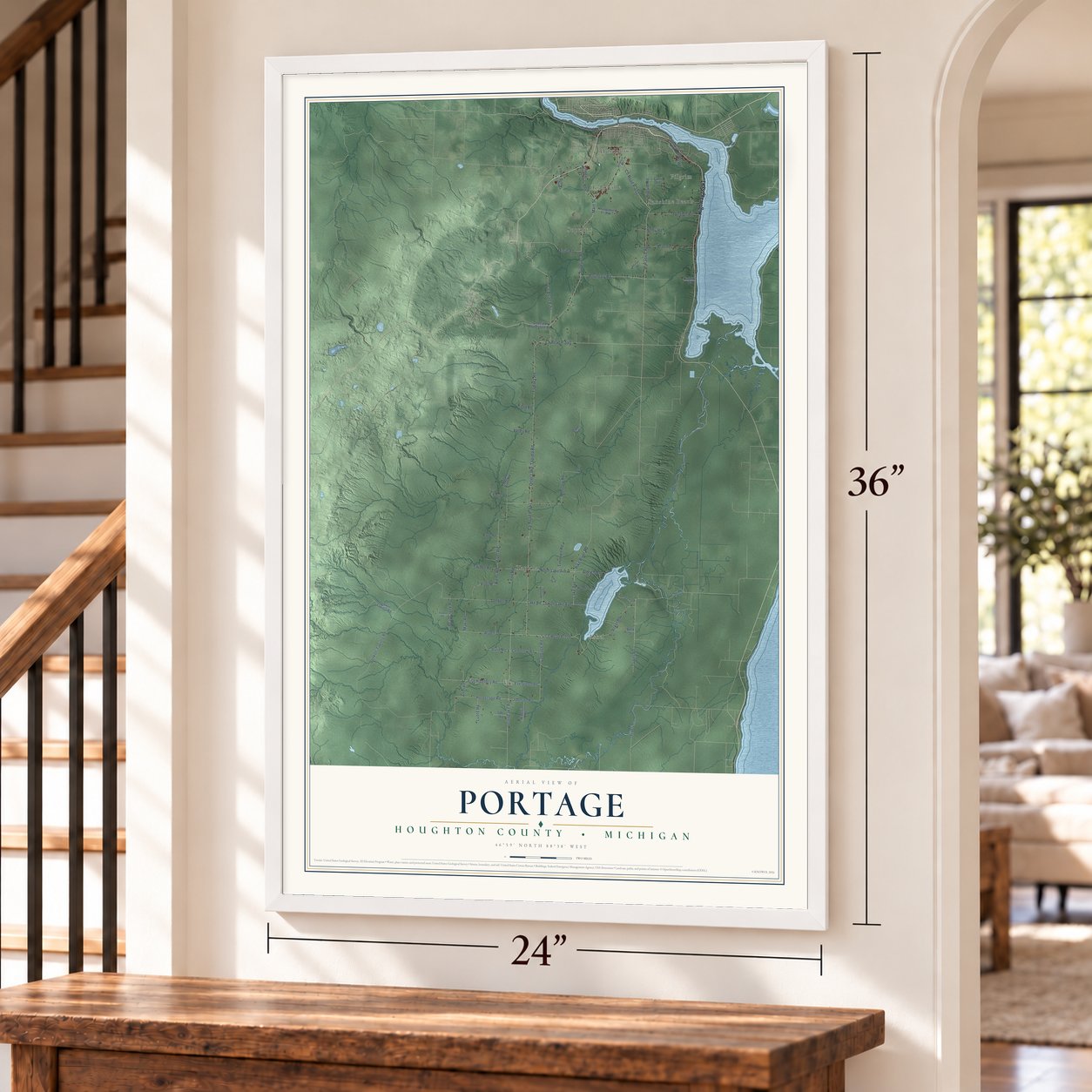 Portage, Houghton County, Michigan map, 24 x 36 inch print in a white frame by a staircase