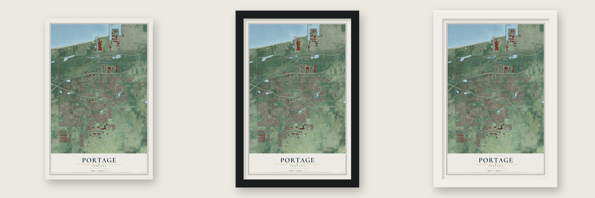 Portage, Indiana map unframed, in a black wood frame and in a white wood frame