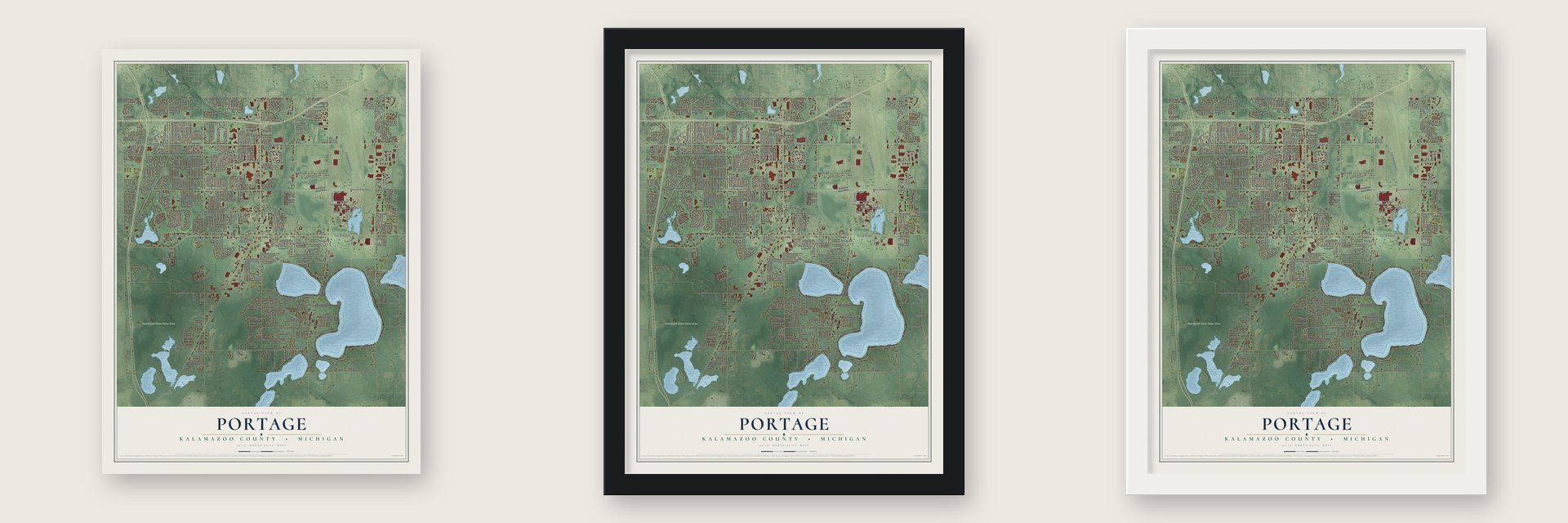 Portage, Kalamazoo County, Michigan map unframed, in a black wood frame and in a white wood frame
