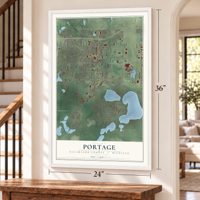 Portage, Kalamazoo County, Michigan map, 24 x 36 inch print in a white frame by a staircase