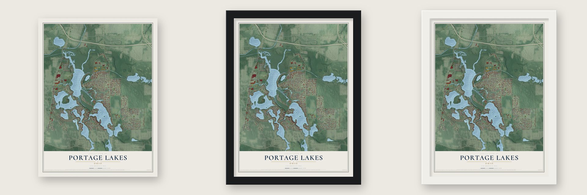 Portage Lakes, Ohio map unframed, in a black wood frame and in a white wood frame