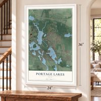 Portage Lakes, Ohio map, 24 x 36 inch print in a white frame by a staircase