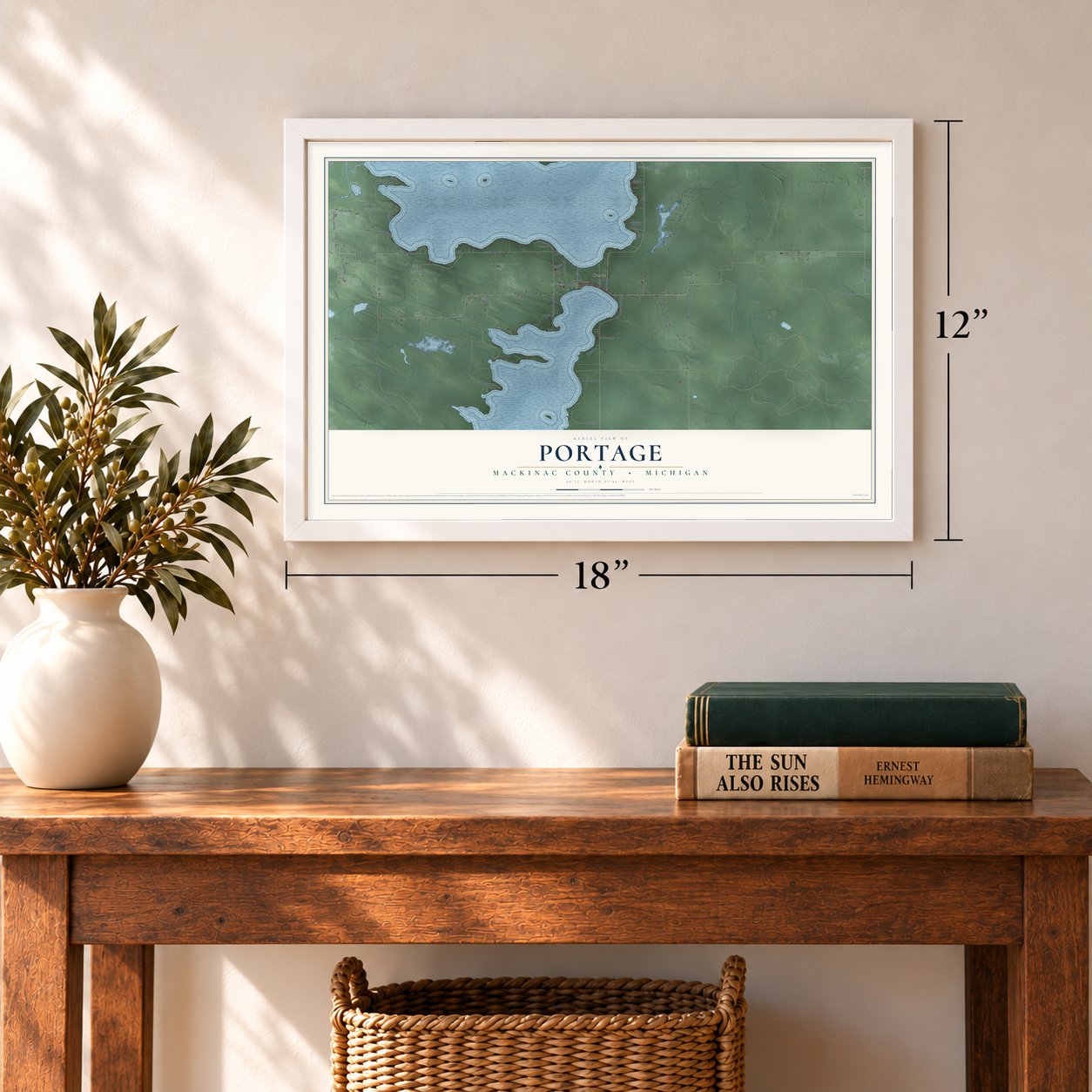 Portage, Mackinac County, Michigan map, 12 x 18 inch print in a white frame in an entryway