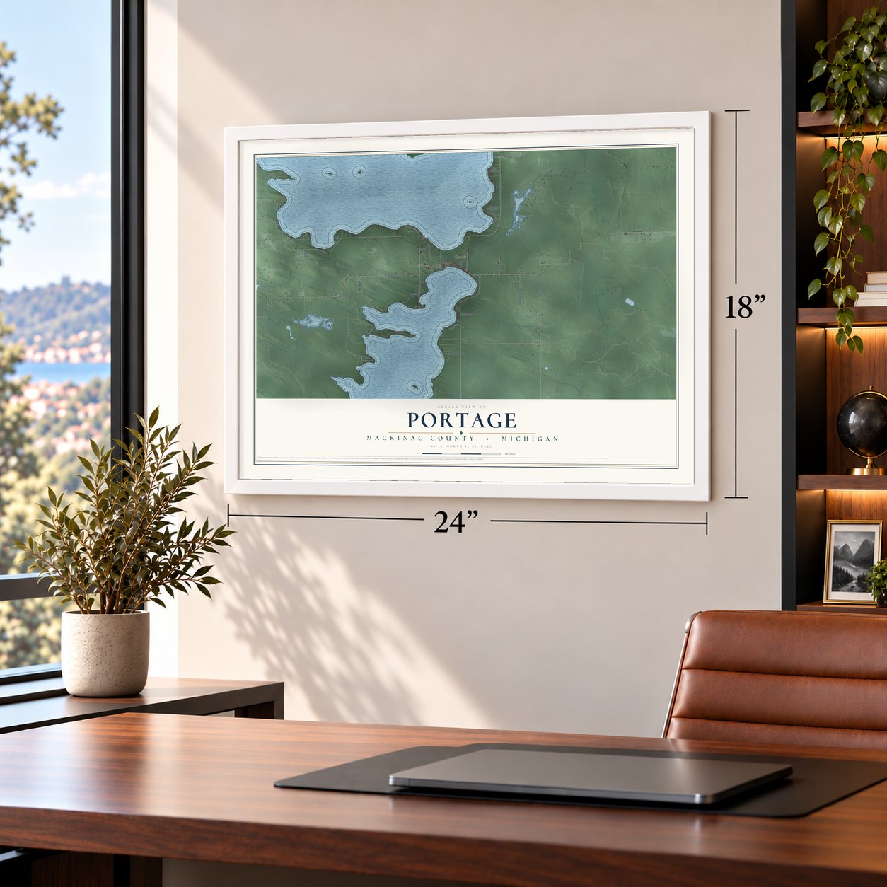 Portage, Mackinac County, Michigan map, 18 x 24 inch print in a white frame in a home office